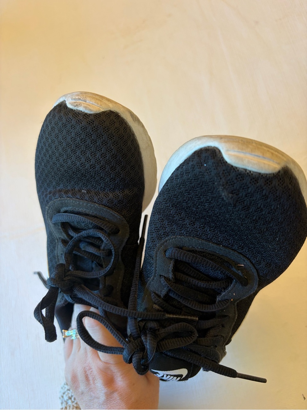Youth size 5 Nike Black Mesh Sneakers with White Swoosh - Picture 3 of 5